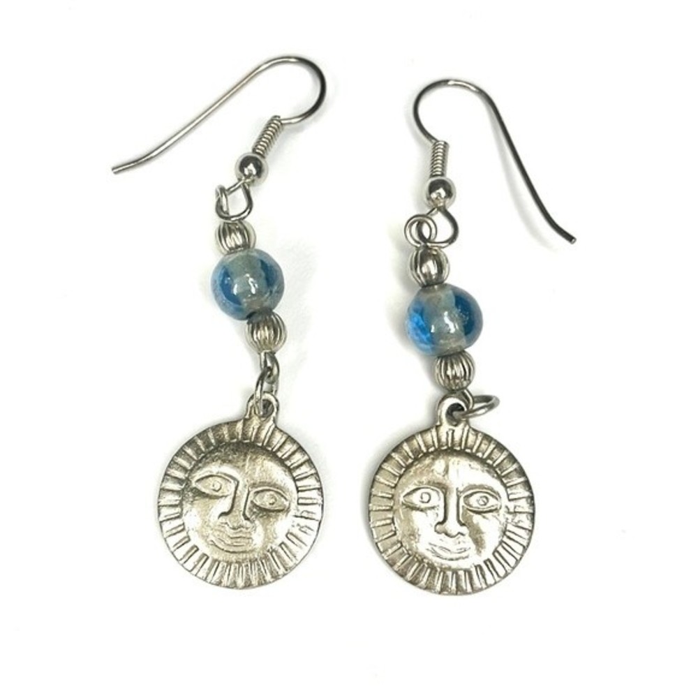 Silver Sun Face Blue Beaded Dangle Earrings